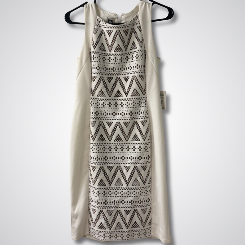 NWT Anne Klein White and Tan Geometric Lace Midi Dress